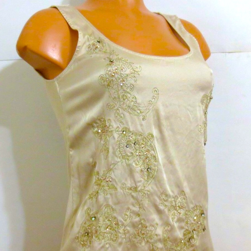 Cream Ribbed Sleeveless Satin/ Silk Blend Tank Top With Beaded embroidery